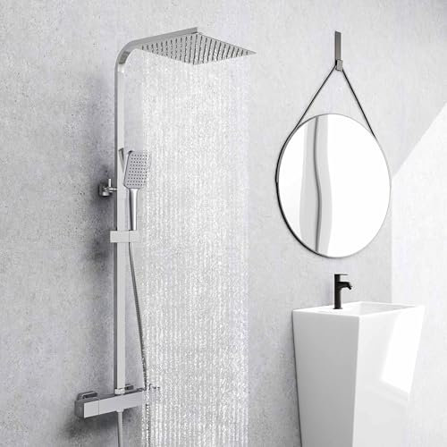 AICA Set de columna de ducha cromado cuadrado, barra ajustable y flexible en altura para baño y bañera (Alcachofa grande 25x25cm)