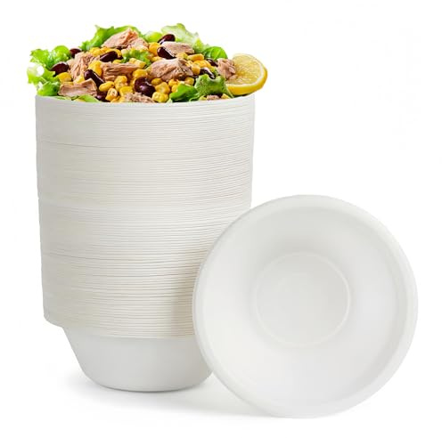 Coztie 100 Stück Einweg Suppenschalen, 350 ml Suppenteller Einweg, Biologisch Abbaubar und Kompostierbar Suppenschalen Einwegs für BBQs Party und Picknick Pappschüsseln 13,5 x 4,5 cm Weiß
