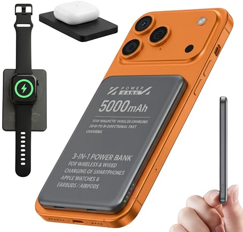 Electroniqs X6 Pro Batterie externe magnétique 5000 mAh 3 en 1 Chargeur Qi2 pour smartphones, montres et écouteurs – 20 W USB-C, 15 W sans fil, design en aluminium ultra fin de 6,5 mm (ciel foncé)