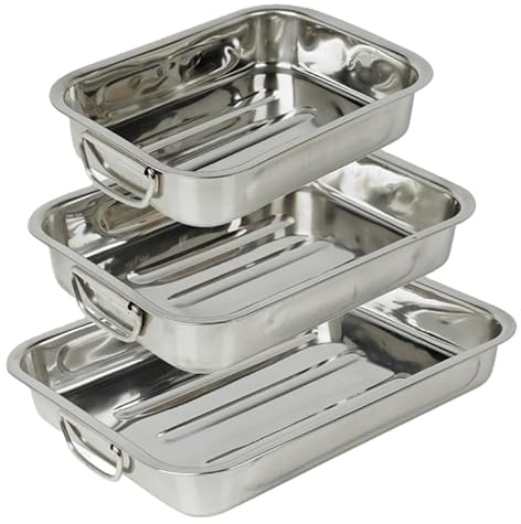RSK Goods Stainless Steel Roasting Pan Set – 3 Stackable Sizes with Ridged Base & Handles – Oven & Dishwasher Safe – Ideal for Meats, Veg, Roasts, Casseroles & More