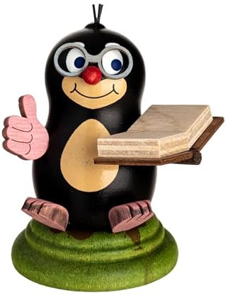Kuhnert Dekoration/Holzfigur Maulwurf Franzi - mit Buch - handgefertigte kleine Dekofigur - Größe: ca. 6cm - Erzgebirgische Holzkunst - Made in Germany