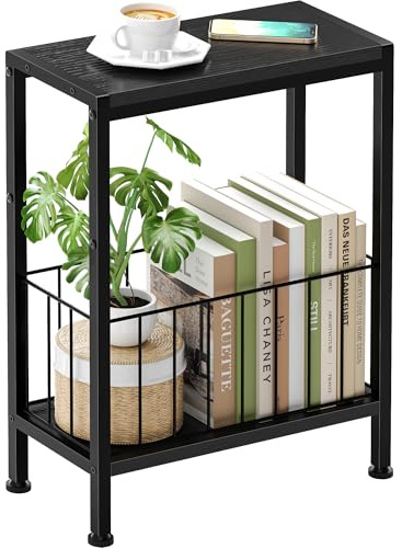 Lifenite Beistelltisch schmal, Schmaler Beistelltisch mit Zeitschriftenhalter, 2 Ablagen Nachttisch Schmal, Couchtisch klein für für Wohnzimmer, Schlafzimmer, Arbeitszimmer, 20x 43 x 58 cm (Schwarz)