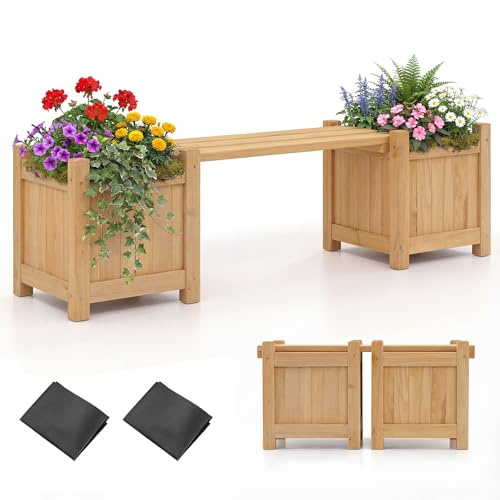 COSTWAY Fioriere da Esterno con Panchina, Letto Rialzato da Giardino in Legno Massello con e Base Aperta, Fioriere Elevate per Patio, Cortile e Veranda (Naturale, 105 x 26,5 x 29,5 cm)