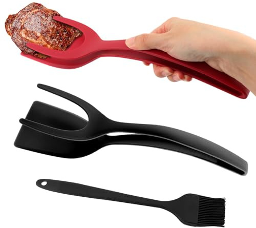 2 in 1 Egg Flipper Spatula Tong, 2pcs Non-Stick Frying Tongs with Silicone Brush Grip and Flip Spatula Tongs Home Kitchen Cooking Tool(3pcs)