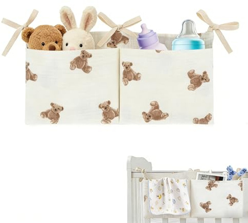 Hängetasche für Kinderbett, Organizer für Kinderzimmer mit Bäre, Aufbewahrungstaschen, 2 Taschen, Aufbewahrungstasche zum Aufhängen für Bett, zur Aufbewahrung von Kleidung, Windeln