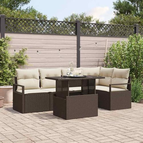 Owoxanthellate Gartensofa Set 6-Teilig Braun Poly Rattan Eckbank mit höhenverstellbarem Tisch & Stauraum für Balkon Terrasse Garten wetterfest modular für kleine und große Outdoor Flächen