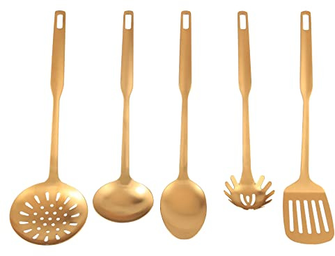 Littlecatch 5-Piece Kitchen Utensil Set - Stainless Steel Cookware Set With Cooking Trowel, Soup Spoon, Rice Spoon, Solid Spatula, Slotted Spatula, Colander - Gold