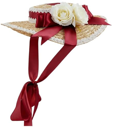 HiyyFloy Sombrero De Victoriano para Mujer, Estilo Fiesta del Té, con Lazos De Flores, Estilo Lolita, Sombrero De Paja Plano, Gorro De Playa De Verano para Viajes.