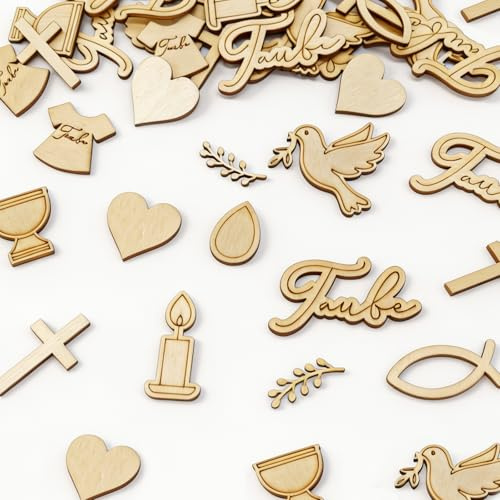 Taufe Deko Streudeko Holz 100 Teile, Tischdeko Taufe mit Fisch Taube Kerze Kelch Kreuz Herz Blätter Wassertropfen & Taufe Schriftzug, für Mädchen Junge Kommunion Firmung Babyshower
