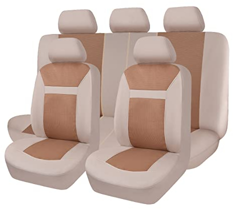 Flying Banner Mesh und Jacquard Universal Autositzbezüge Seitenairbag Kompatibel (Beige)