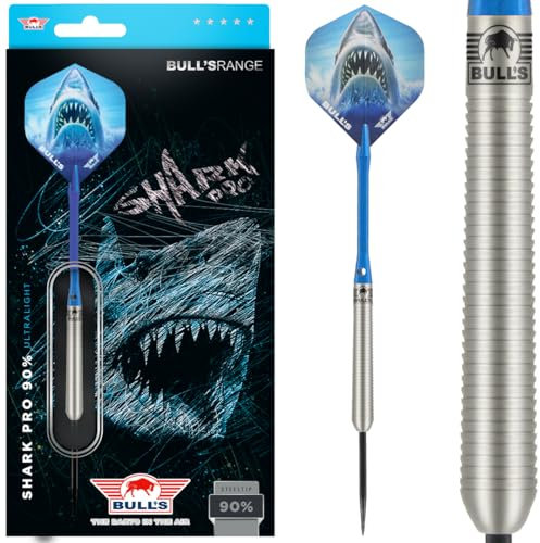 BULL'S Shark Pro Ultralight 90% Tungsten Darts - 19g - Gerades Barrel, Shark Grip - Inkl. Flights, Shafts, 35mm Stahlspitzen