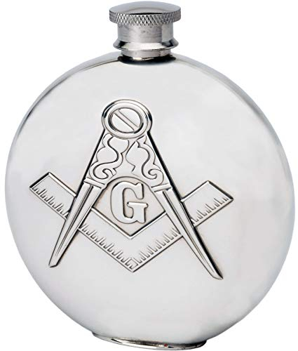 6oz Round Pewter Hip Flask with Embossed Masonic Design
