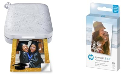 HP Sprocket Portable 5x7.6 cm Sofortbilddrucker, Monochrom & Sprocket 5x7,6 cm Premium Zink Sticker Fotopapier (20 Blatt) Kompatibel Sprocket Fotodruckern