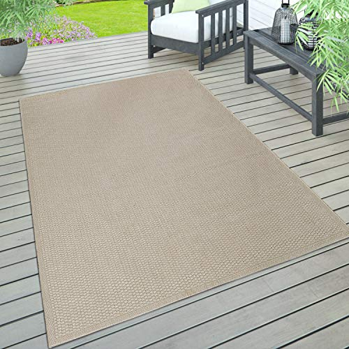 Paco Home In- & Outdoor Teppich wetterfest für Garten, Terrasse & Balkon flachgewebt in Moderner Sisaloptik einfarbig pflegeleicht & UV-beständig, Grösse:140x200 cm, Farbe:Beige