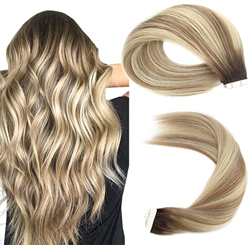 Sassina Tape in Extensions Echthaar Von Braun bis Blond Verwurzelt Tape in Remy Echthaar 50g Weiche Unsichtbare Nahtlose Skin Weft Tape in Haarverlängerungen 50cm 20 Stück #R3/8-613