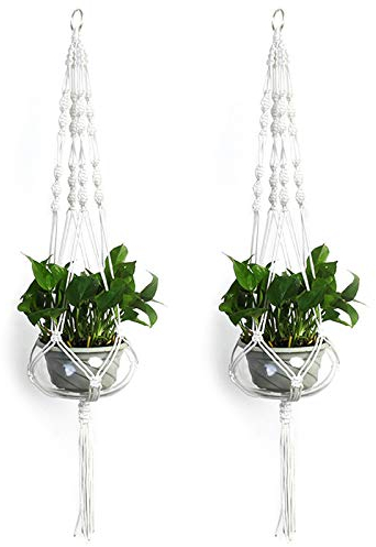 YMWALK Colgador de macramé para Plantas, 2 Piezas, Hecho a Mano, para macetas, cestas, Cuerda para Colgar Plantas, para Arte de Pared, jardín, Pasillo, decoración del hogar (105 cm, Blanco)