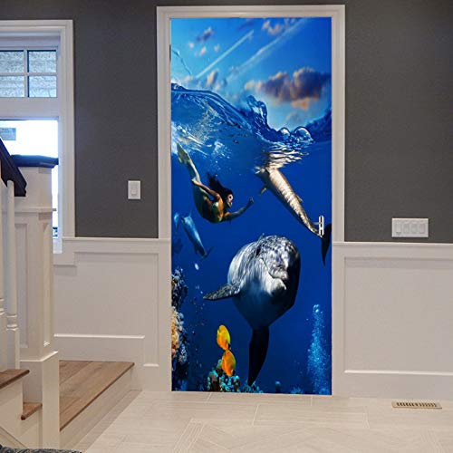 A.Monamour Türtapete Selbstklebend Türfolie Türposter 3D Meerjungfrau Schwimmen Mit Delfinen Blauen Ozean Korallen Fisch Marine Vinyl Folie Türdeko Tapete Wandbild Türaufkleber Türtattoo 90 x 200 cm