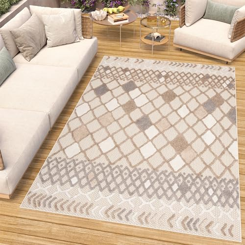 TAPISO Patio Teppich Indoor Outdoor Creme Beige Grau Marokkanisch Ethno Boho Design Wetterfest Flachgewebe Terrasse Wohnzimmer ÖKO-TEX 200 x 300 cm