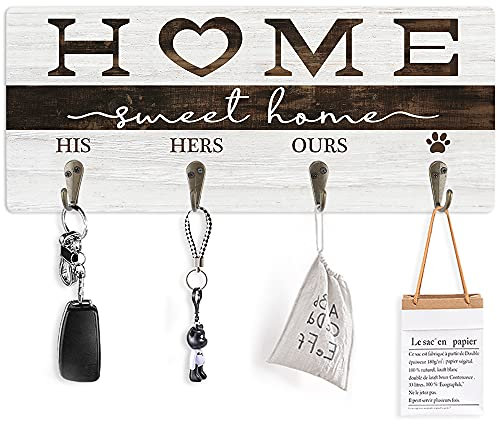 CHDITB Rustic Home Sweet Home Porte-clés en bois (34 x 14 cm), support mural avec 4 crochets, panneau décoratif en bois, cadeau de décoration pour mur, entrée, couloir, pendaison de crémaillère