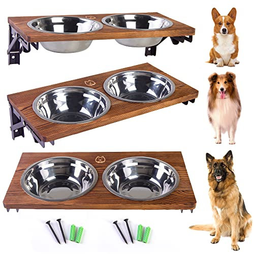 Folding Dog Bowl Stand Mounted Elevated Pet Feeder Includes 2 Stainless Steel, Adjustable Dog Bowls for Medium-Large Dogs 44 Oz