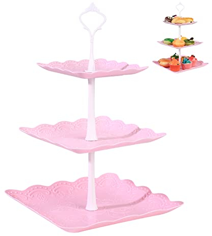 3 Tiers Cake Display Stand, Pink Afternoon Tea Stands, Plastic Square Cup Cake Fruit Dessert Party Server Plates Stands, Reusable Food Serving Platter Stand for Birthday, Wedding, Party