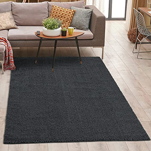 carpet city Shaggy Teppich Hochflor - 120x170 cm - Anthrazit Einfarbig - Weicher Wohnzimmerteppich Uni Modern - Polyester-Teppiche Soft Flauschig-Weich Schlafzimmer - Kinderzimmerteppich