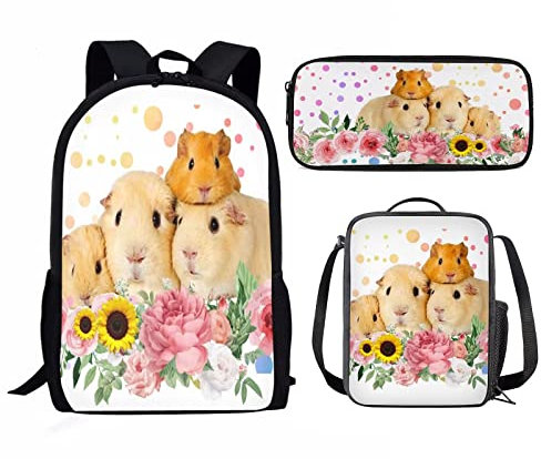 Howilath T-rex Rucksack für Schule Kinder,Wolf Rucksack-Set, Batik-Büchertasche, Schultasche mit Lunchtasche, Federmäppchen, 3D-Meerschweinchen-Blume Bedruckt, 17 inch (3PCS Set), Schulranzen-Set