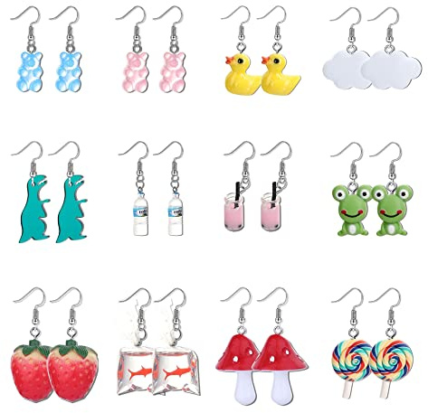 KALVICA 12/18 Pairs Weird Funny Earrings for Women Teens Stainless Steel Ear Hook Resin Drop Earrings Gummy Bear Goldfish Mushroom Dinosaur Frog Lemon Strawberry Cute Aesthetic Drop Dangle Earring Set