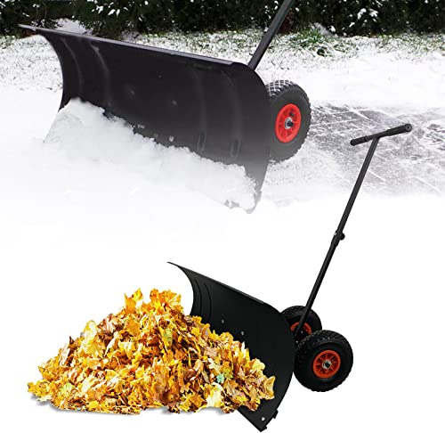 HENGMEI Schneeschieber, Schneeschaufel mit Räder und Griff Höhenverstellbar Laubkehrmaschine für Garten Gehwege