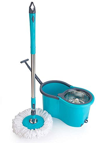 Mop Bucket Set On Wheels With Stainless Steel Wringer Puller Handle, 360° Rotating Spin Mop, 2 Mircofibre Mop Heads And Adjustable Height Handle For Home Cleaning All Hard Floors (Sea Green)