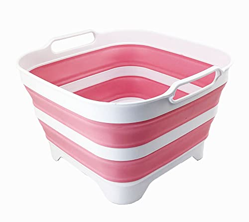 SAMMART 10L Collapsible Dishpan with Draining Plug - Foldable Washing Basin - Portable Dish Washing Tub - Space Saving Kitchen Storage Tray (White/Pink/White)