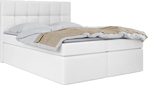 WFL GROUP Boxspringbett mit Bettkasten 120x200 140x200 160x200 180x200 200x200 Doppelbett Gepolstert Bett Mit Matratze und Topper - Stauraumbett mit Kopfteil - Weiß Kunstleder - 120 x 200 cm