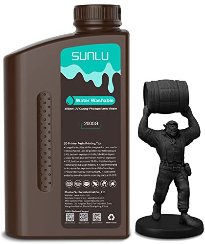 SUNLU Wasser Waschbares 3D Drucker Resin,2kg 405nm UV Schnell Härtend 3D Harz,für 2K 4K 8K LCD DLP SLA Resin 3D Drucker, Kein Alkohol Erforderlich, Hohe Präzision 3D Harz 2000g,Schwarz