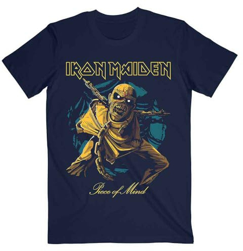 Iron Maiden T Shirt Piece of Mind Gold Eddie Official Unisex Navy Blue XXL