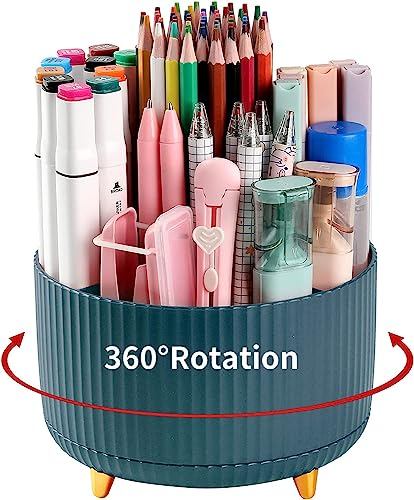 Porte-crayons pour bureau, 5 emplacements rotatifs à 360 ° pour bureau, rangement de fournitures de bureau, pot à crayons mignon pour bureau, école, maison, fournitures artistiques (vert)