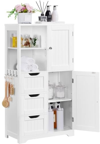 Yaheetech Mueble Baño de Madera Armario Baño con 3 Cajones y Estante Ajustable Armario Multiusos con Puertas para Salón Entrada Blanco 60x30x107 cm