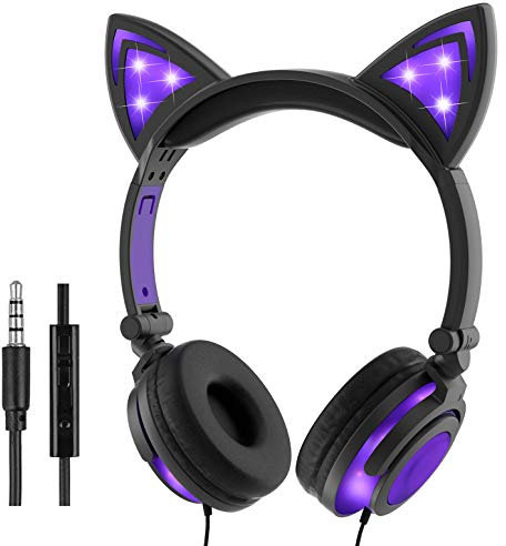 Olyre Glowing Kitty Ear Headphones Wired, light up cat ears Headphones with Mic for Computer Tablet Laptop Gamepad School Learning (Purple/Black)