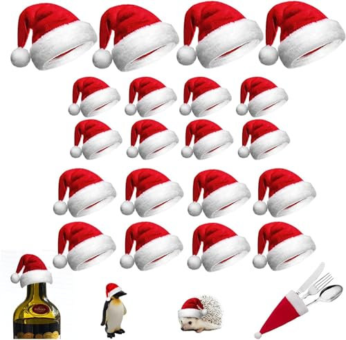 DHRUTI 30 Stück Mini Weihnachtsmütze deko,Weihnachtsdeko Nikolausmütze Klein,Weihnachten Weinflasche Abdeckung,Lutscher Candy Abdeckung,Weihnachten Bestecktasche für Tischdekoration,3 Größen