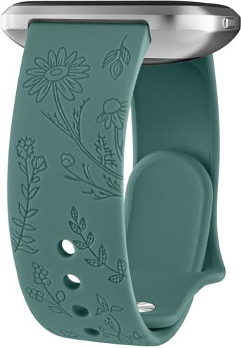 Vancle Armband für Fitbit Versa 2 Armband/Fitbit Versa/Fitbit Versa Lite/Fitbit Versa SE Damen Herren, Silikon Armbänder Floral Gravierte Uhrenarmband Sport Ersatzarmband, Nadelkiefer Grün