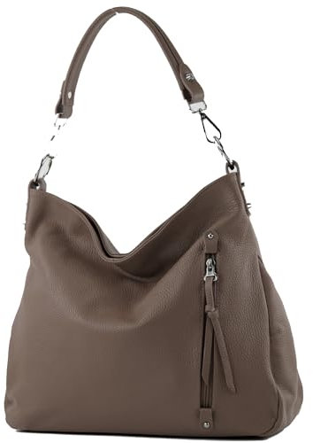 modamoda de T183 Damen Schultertasche Handtasche Tragetasche Echtleder Groß handmade in Italy, Farbe:Dunkeltaupe