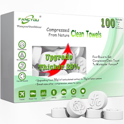 Fancyou Compressed Towels Tablets, Thick Disposable face towel Compact Portable Cotton Wipes Coin Tissues for Mini Travel Essentials, Travel Skin Care, Beauty Salon, Gym, Tattoo, Home(100 Count Clear)