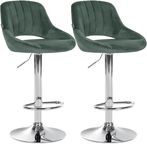 CLP Barhocker 2er Set höhenverstellbar mit Lehne Milet, Barstühle gepolstert Samtbezug, Tresenstühle mit Metallgestell drehbar | Farbe grün Material Gestell Metall in Chromoptik
