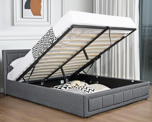 Generic Upholstered Gas Lift Up Bed Frame With Storage, Ottoman Storage Bed, Linen Small Double Bed Frame, Ottoman Storage Bed With Wooden Slats, (4ft Dark Grey Small Double 135 x 190, No Mattress)