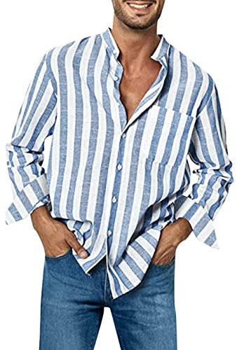Mens Casual Long Sleeve Linen Shirts Summer Striped Casual Shirt Tall Tee Oversized Button Up Shirt Striped Details Casual Outings Shirt with Chest Pocket Beach Shirts English Style Shirts Light Blue