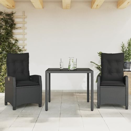 SECOLI Polyrattan Sitzgruppe Garten Essgruppe 2 Personen Rattan Gartenmöbel Set mit 2 Rattansessel Hochlehner Verstellbar Essgruppe Outdoor Gartengarnitur Sitzgarnitur Schwarz 3-tlg-Type-146