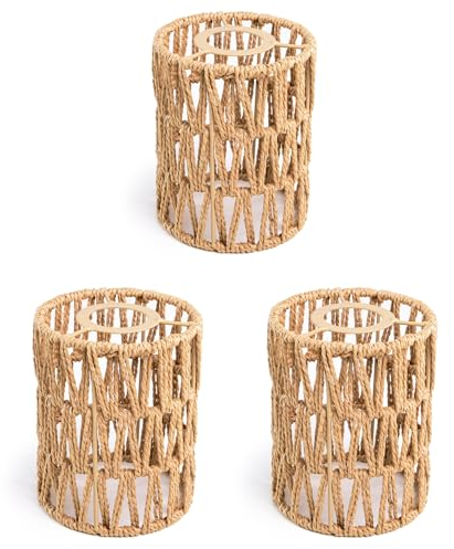 ledscom.de 3 Stück Handgefertigter Boho-Seil-Lampenschirm, geflochten, natur-beige, 120mm Ø