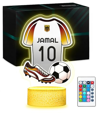 Maverton Kinder Nachtlicht Fußball, Nationalmannschaftstrikot | 16 RGB Farben, Dimmbare Nachttischlampe, Tischlampe Led mit Gravur, Geschenkidee Ideal für Fußballfans, Jungen Geburtstag