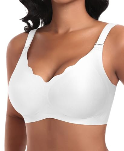 Ganado Damen Nahtloser BH Ohne Bügel Tiefem V-Ausschnitt gewellte Ränder Bequemer BH Bralette Soft BHS Bügellos Bustier Bra (Weiß-Vordere Welle, M)