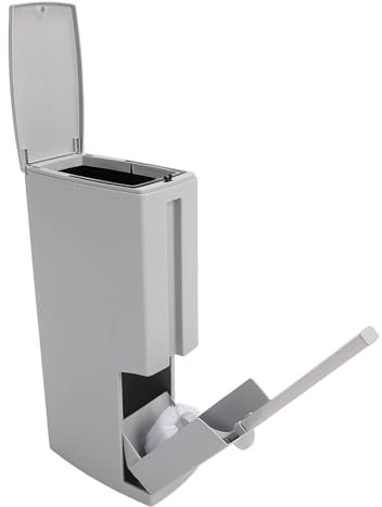 Oreilet Papelera de Baño Delgada con Tapa Emergente, Papelera de Inodoro Estrecha con Escobilla y Soporte para Inodoro, Papelera de Plástico Pequeña para Baño, Papelera Rectangular (GRAY)