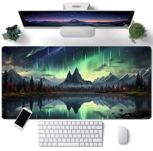 Northern Lights Desk Mat Mountains Large Mouse Pad Extended Green Aurora Borealis Desk Pad Shower Gaming Mousepad XXL 31.5 x 15.7 in Laptop Computer Mouse Keyboard Mat for Office Desk Decor